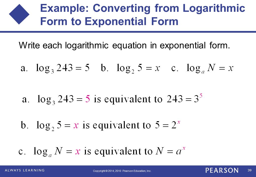 Write an exponential function in logarithmic form and exponential form